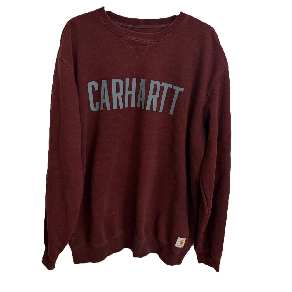 Carhartt Sweatshirt Mens Large Maroon Midweight Block Logo Spellout Crewneck